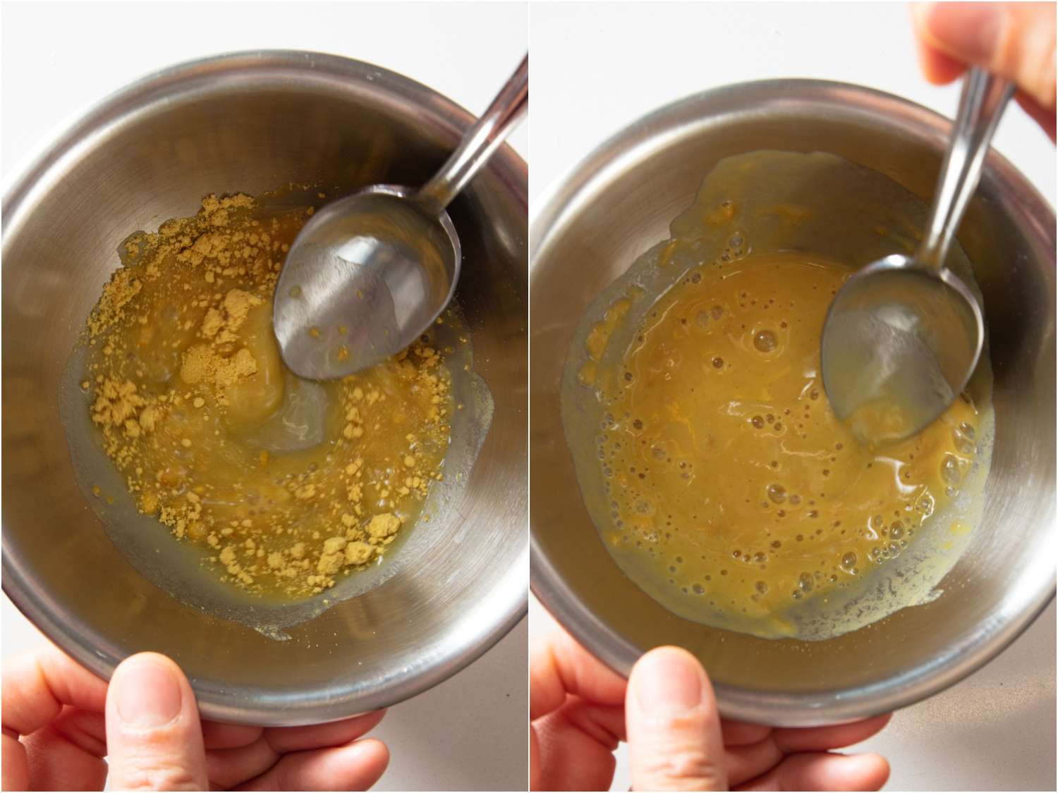 Two-image collage of stirring together mustard sauce