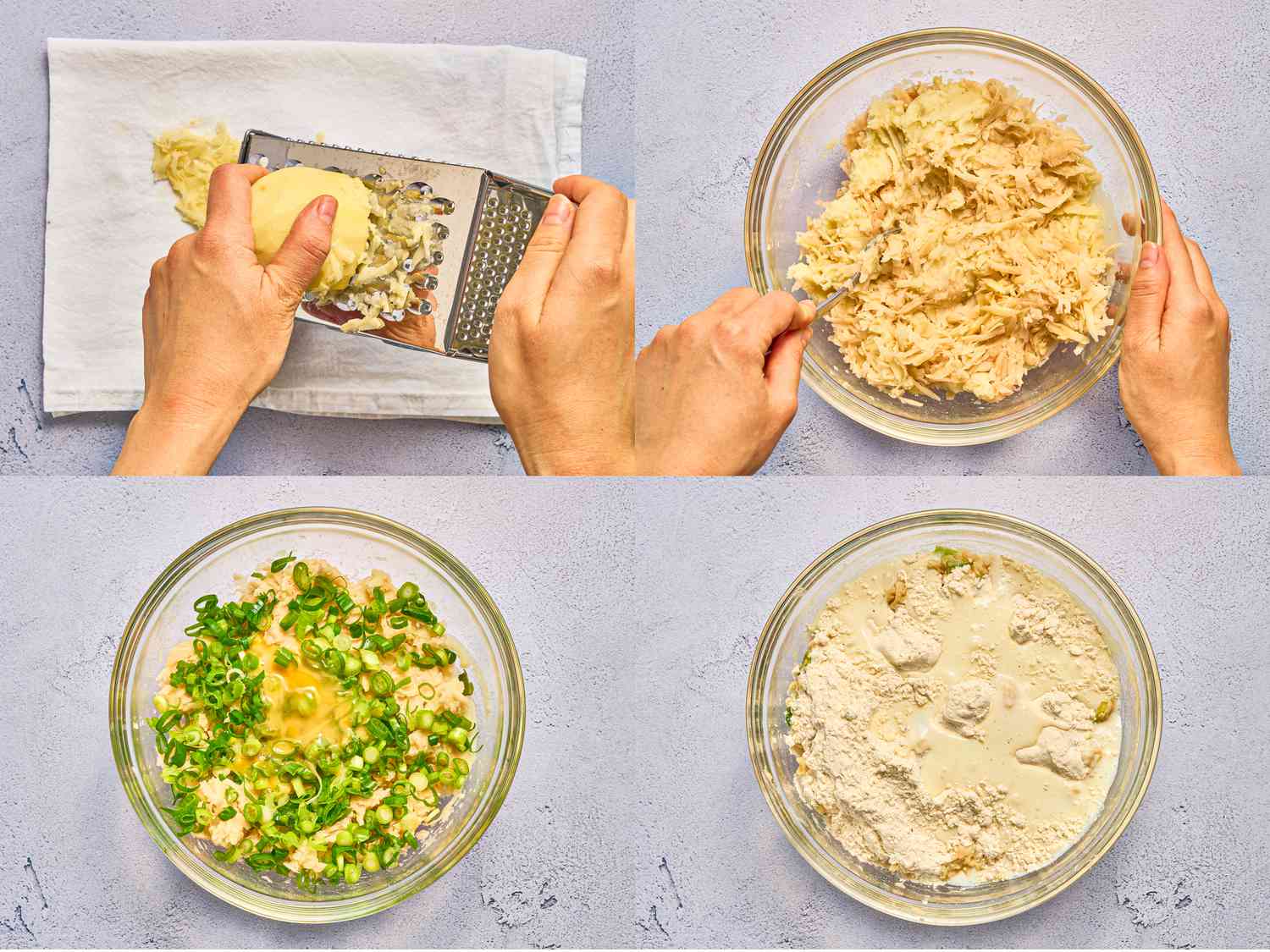 4 image collage. Top left: hands grating cooked potato onto cheesecloth. Top right: mixing shredded potatoes into mashed potatoes in glass bowl. Bottom Left: green onions and egg added to potatoes. Bottom Right: flour and buttermilk added to batter in glass bowl