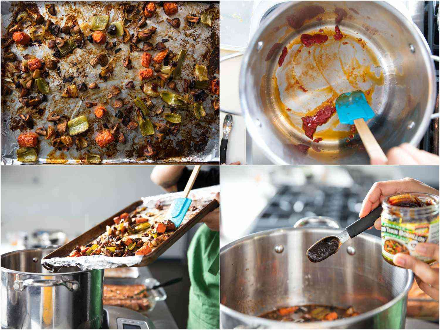 A four-image collage. The top left image shows mushrooms and vegetables roasted until deeply browned inside of a baking sheet. The top right image shoes tomato paste being stirred inside of a stainless steel pot. The bottom left image shows the mushrooms and vegetables being scraped from the sheet pan into the stainless steel pot. The bottom right image shows bouillon paste being spooned into the stainless steel pot.