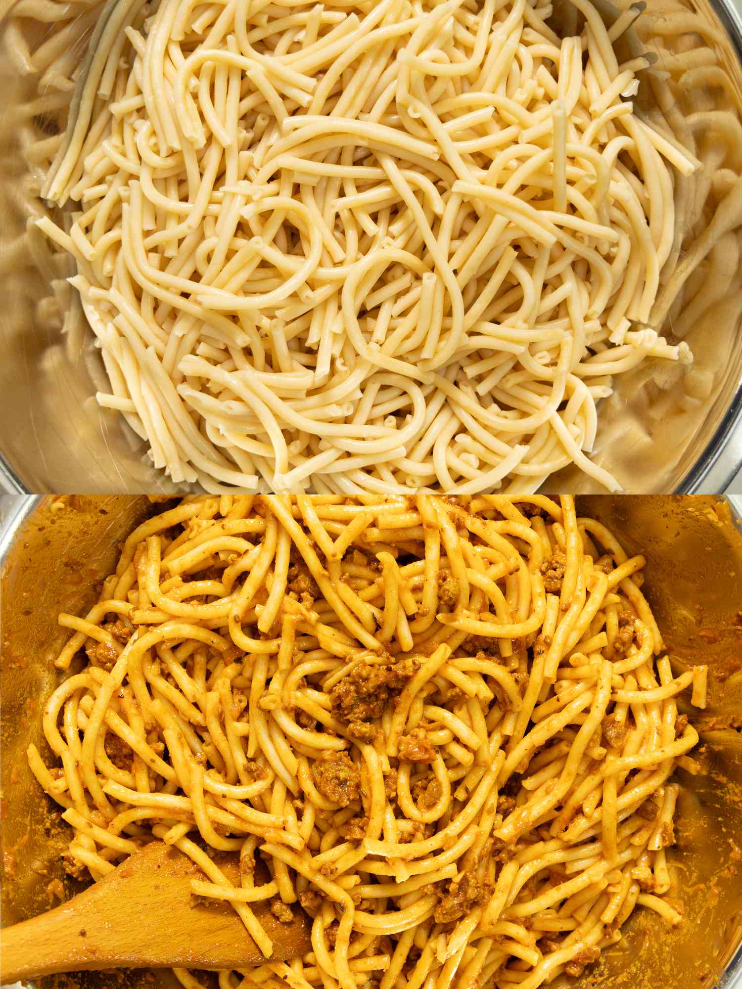 2 image collage. top: macaroni after drained in collander. Bottom: Mixing beef mixture into macaroni.