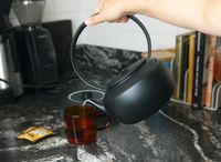 a person pouring hot water out of the balmuda kettle
