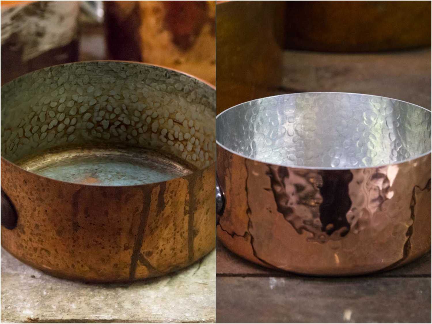 Before and after shots of a copper saucepan restoration.
