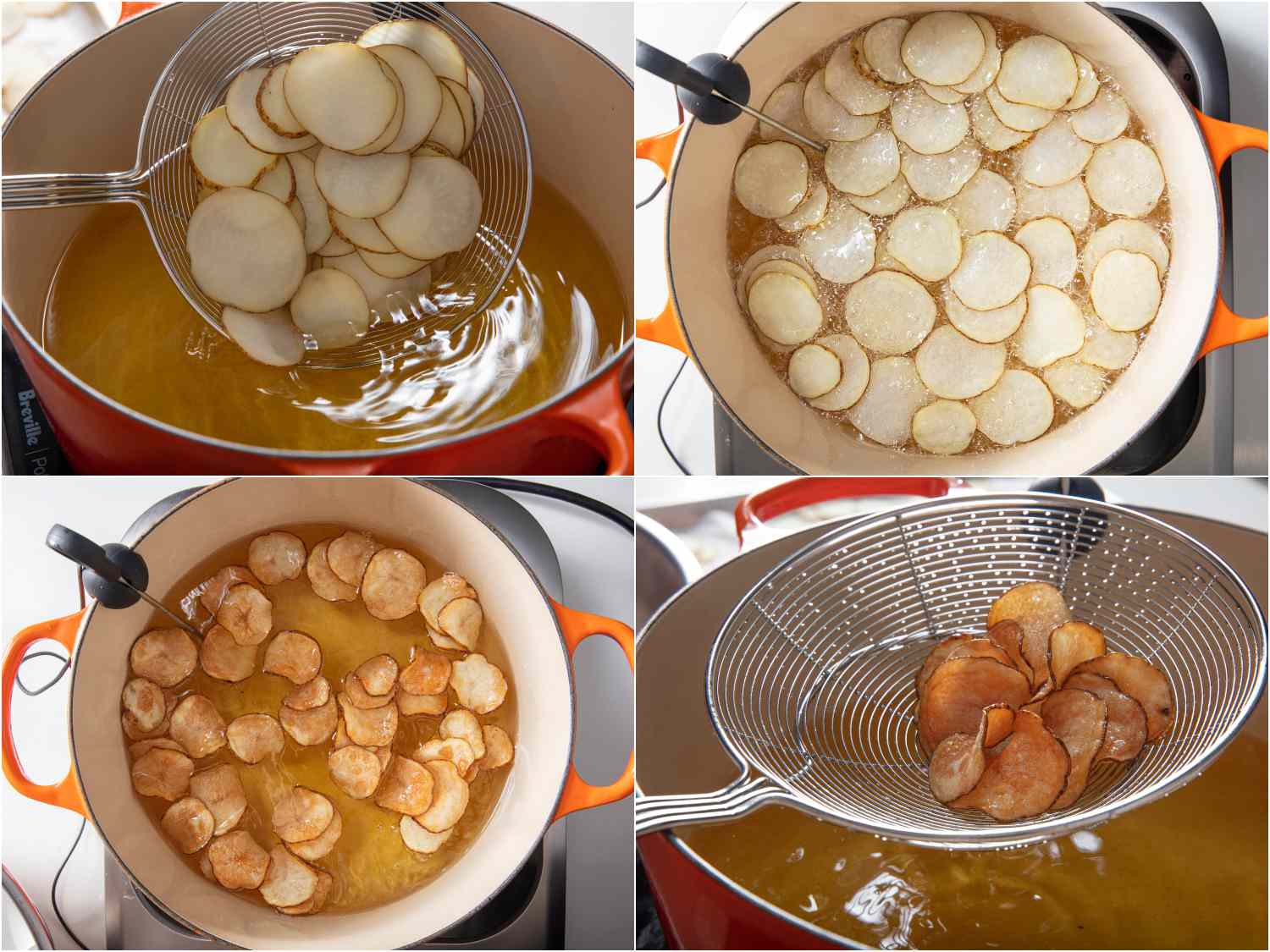 A collage showing the potato chips being fried in a dutch oven.