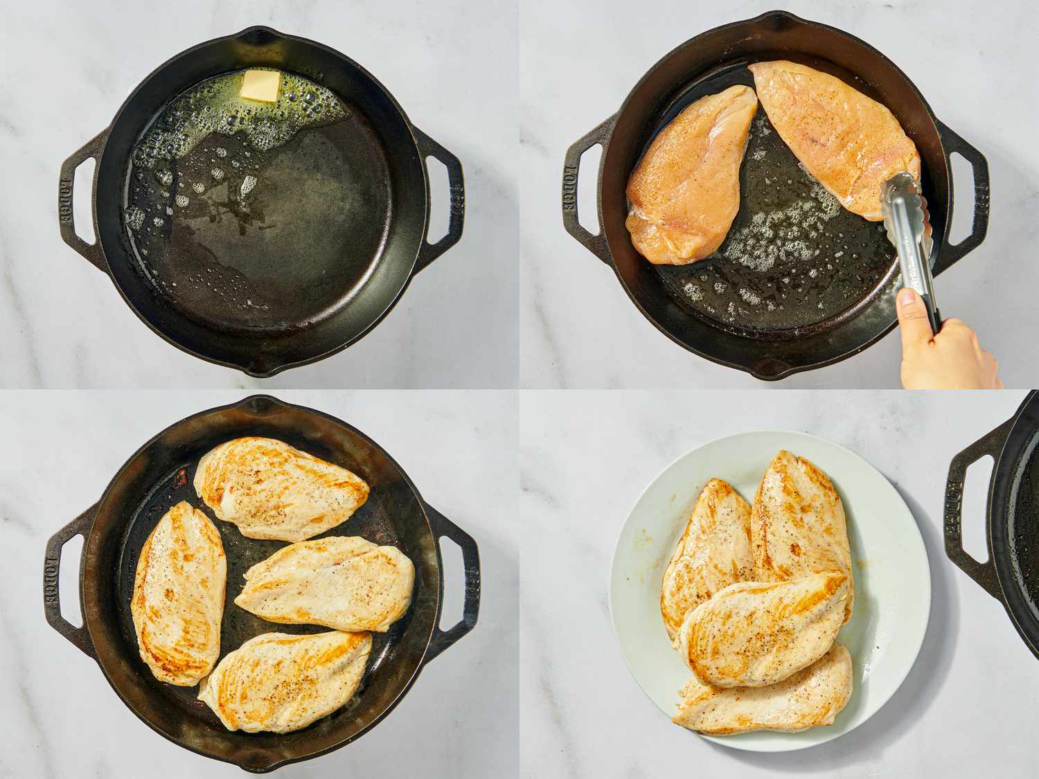 Steps of cooking chicken breasts in a skillet shown in a sequence