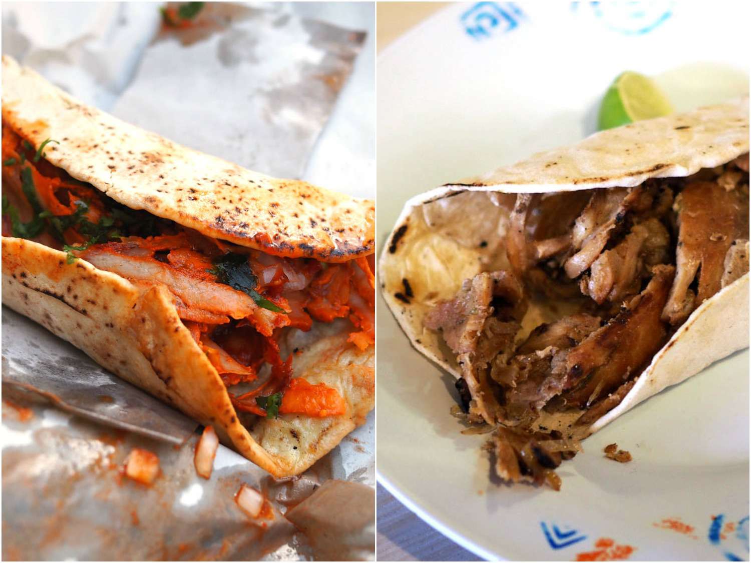 Two images of tacos árabes procured from different restaurants. The one on the left has been made with pork marinated in a reddish-orange adobo.