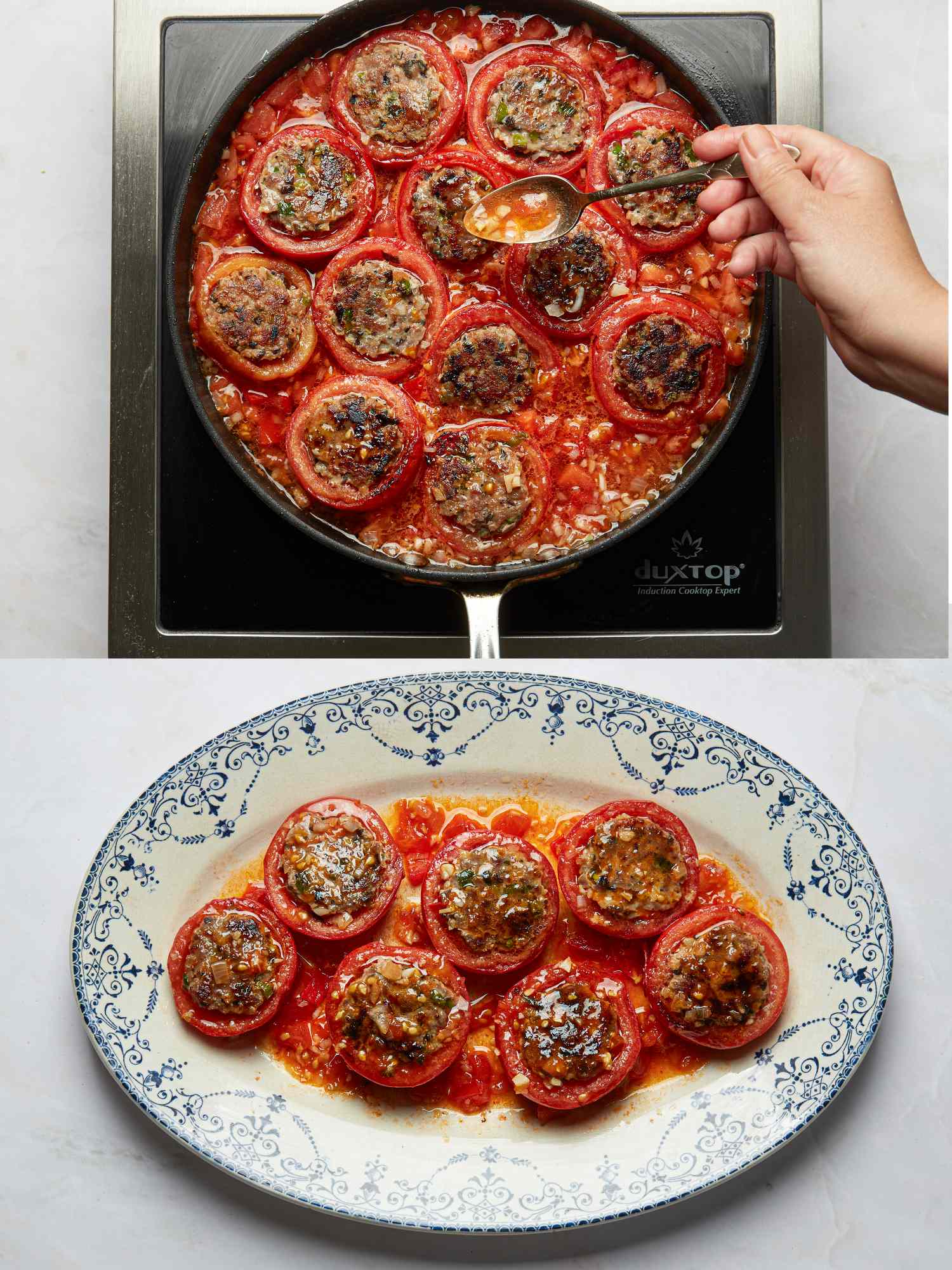 Vietnamese pork-stuffed tomatoes in a pan and served on a plate