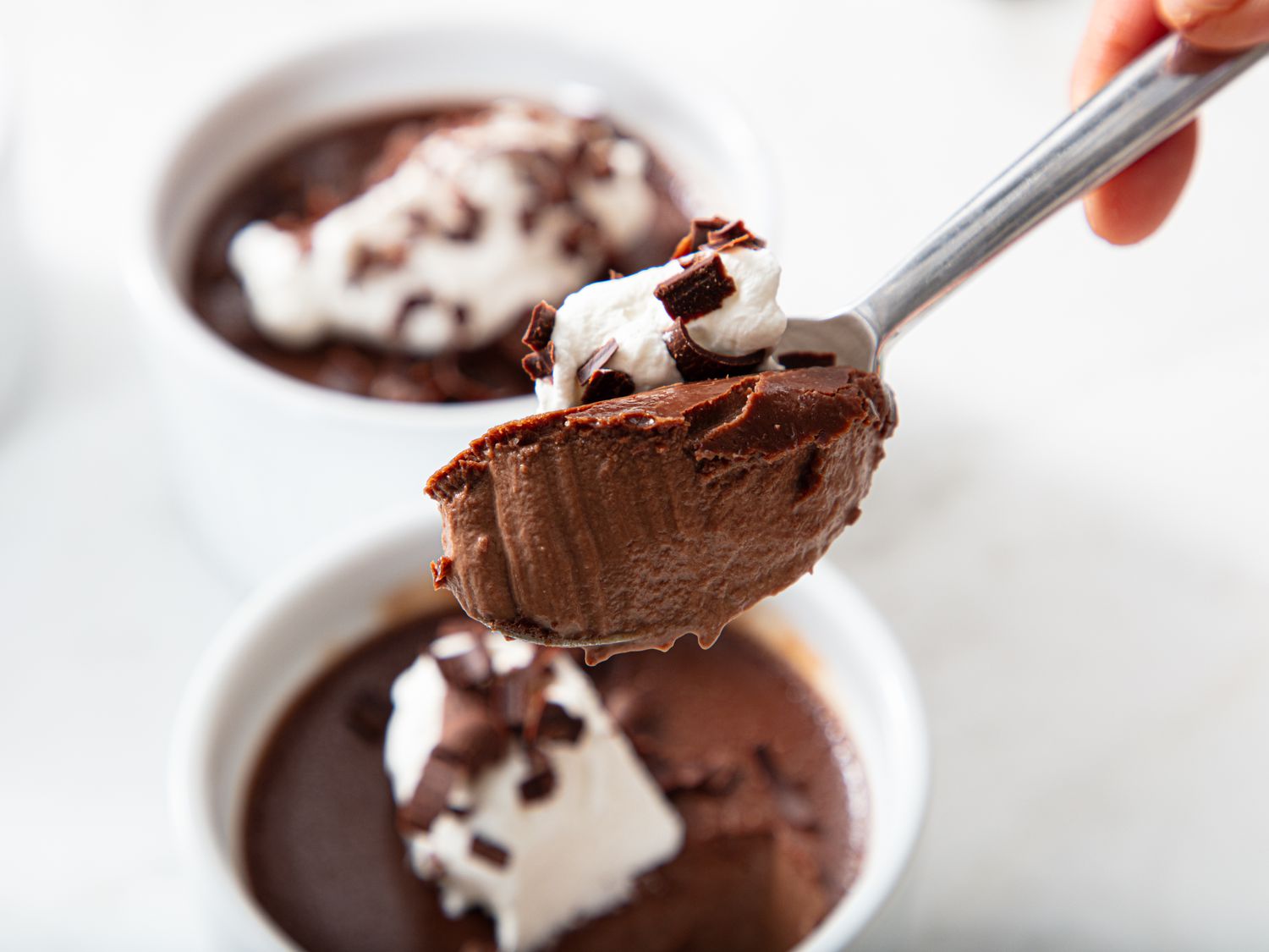 Side view of a scoop of pot de creme