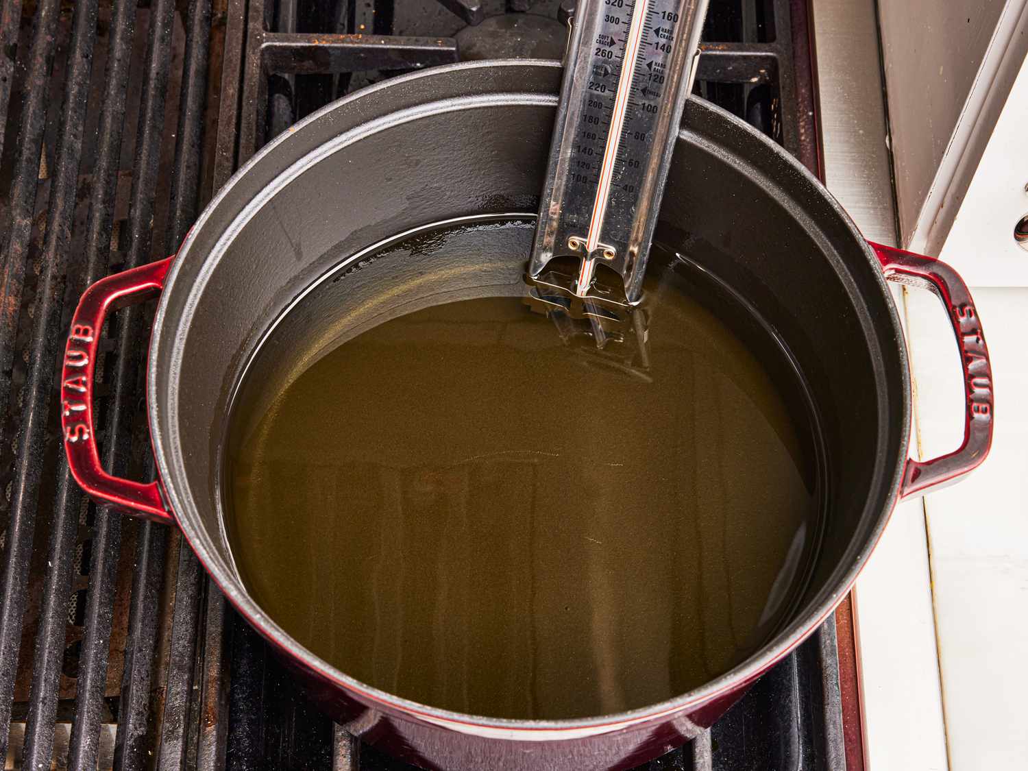 Overhead view of pot filled with oil