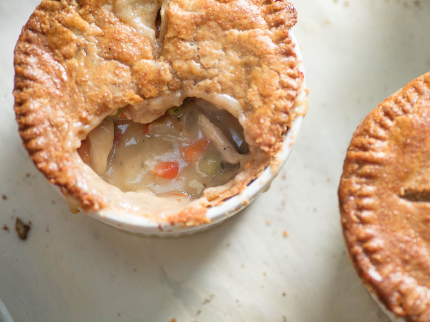 Top down view of a double-crusted chicken pot pie. 