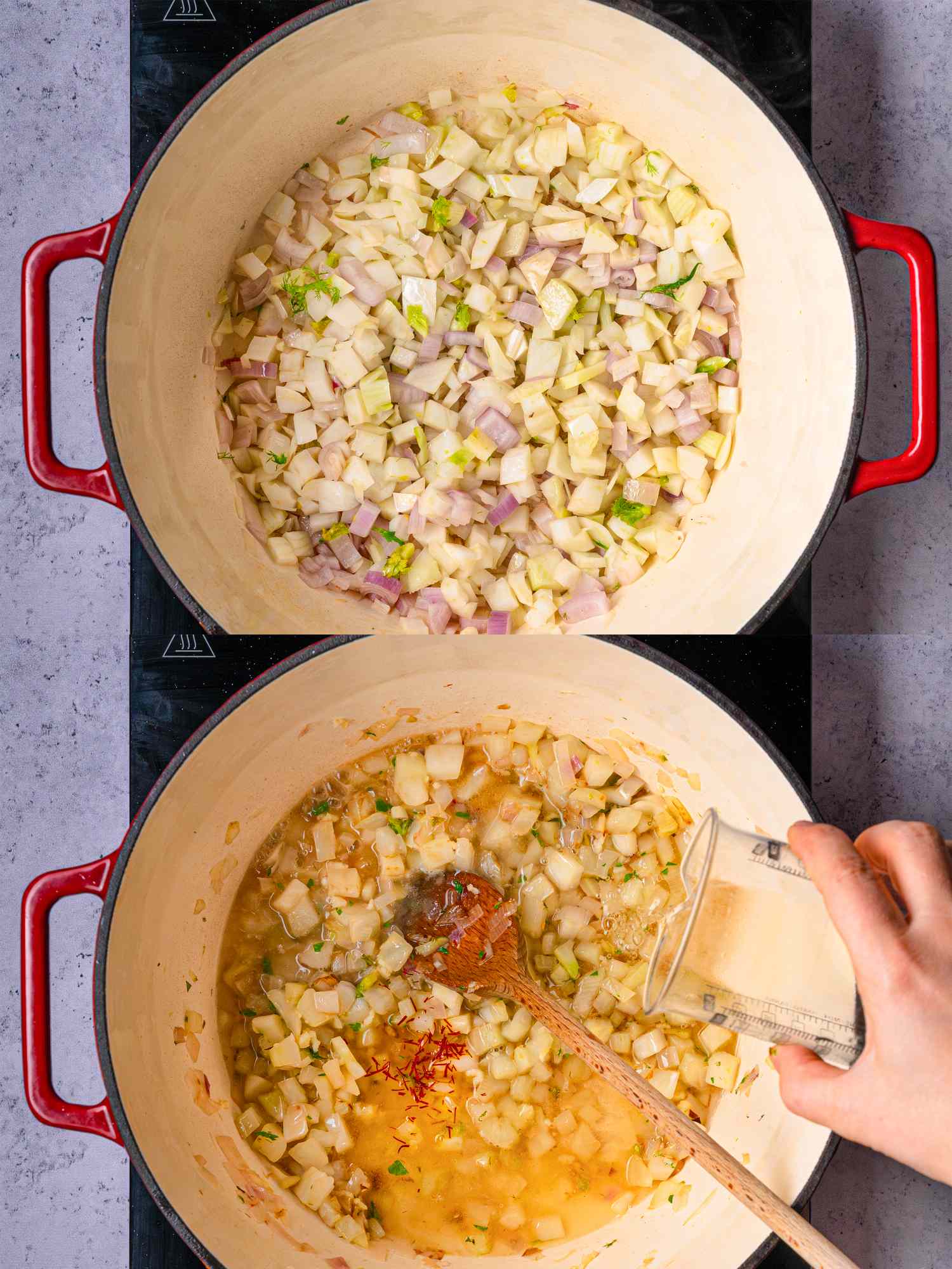 Two stages of cooking ingredients in a pot first with diced vegetables sauting second adding liquid ingredients