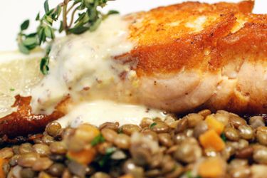 Crispy salmon with lentils du Puy and two-mustard creme fraiche.