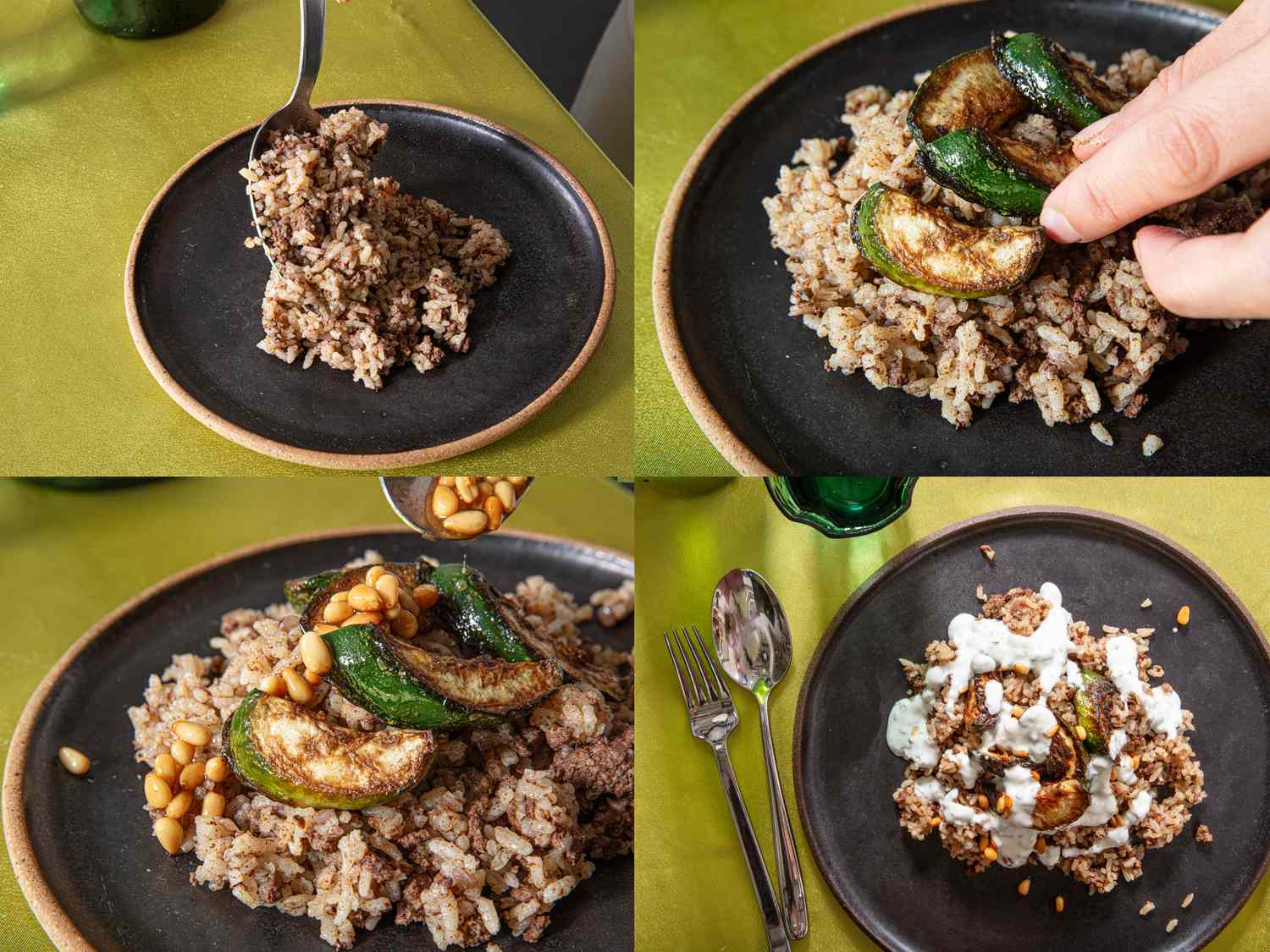 Khiar mahshi preparation steps with spiced rice sauted zucchini pine nuts and yogurt topping