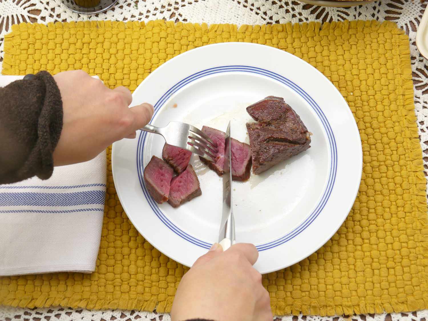 a person using the zwilling le blanc steak knife to cut steak
