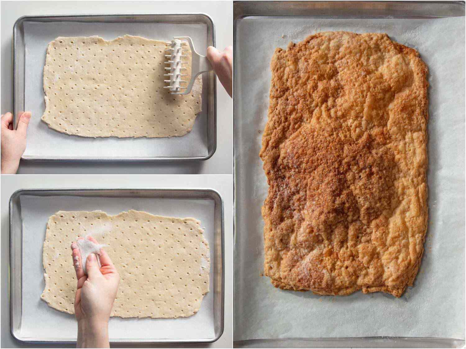 rolling, docking, and baking a sheet of pie dough