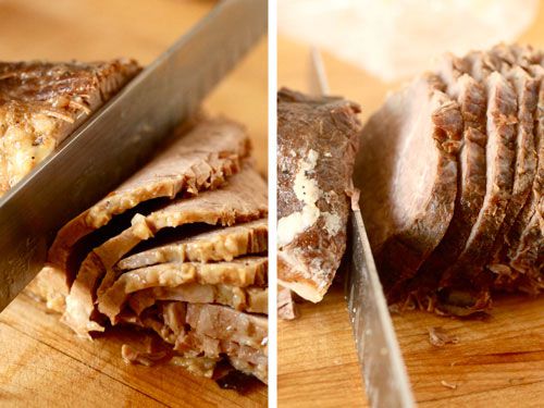 Two-image collage showing the two test roasts being sliced.