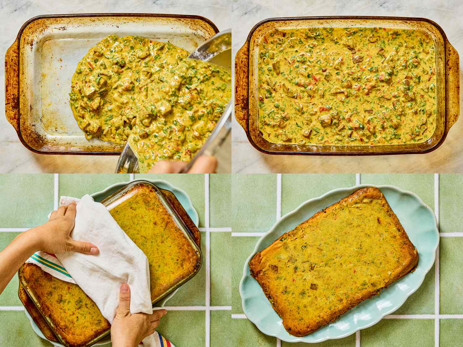 Four steps showing preparation and serving of baked casserole dish including smoothing the mixture covering and plating