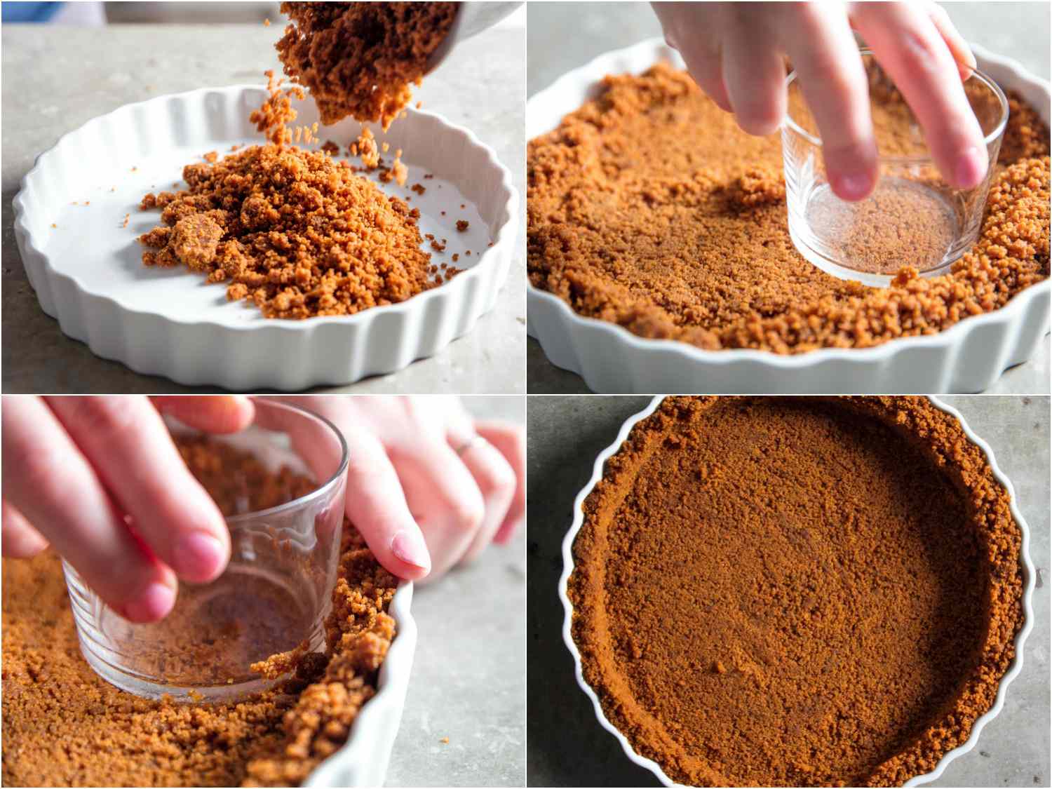 Four images showing buttered Biscoff crumbs being poured into a fluted, white pie plate and being pressed into an even layer with a drinking glass.