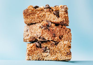 Stack of chewy chocolate chip peanut butter oat bars