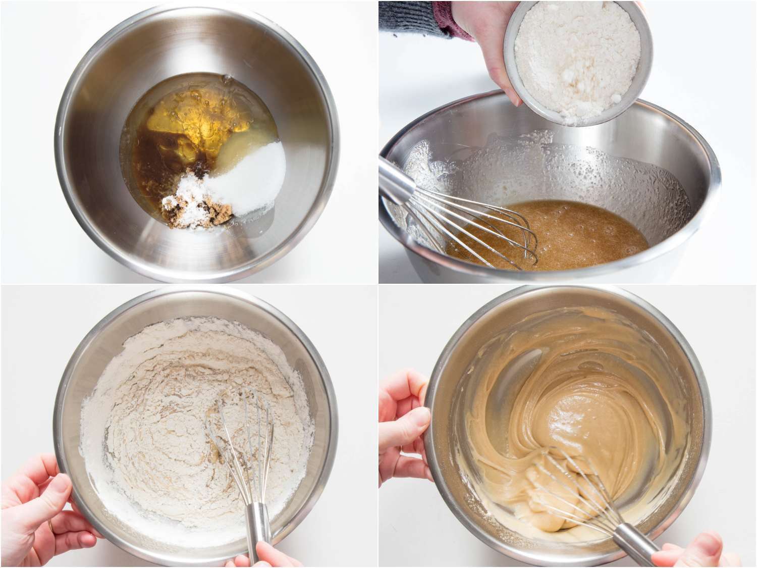 A collage of 4 images showing the making of waffle cone batter: whisking the ingredients, adding bread flour, and whisking flour into the batter until smooth. 