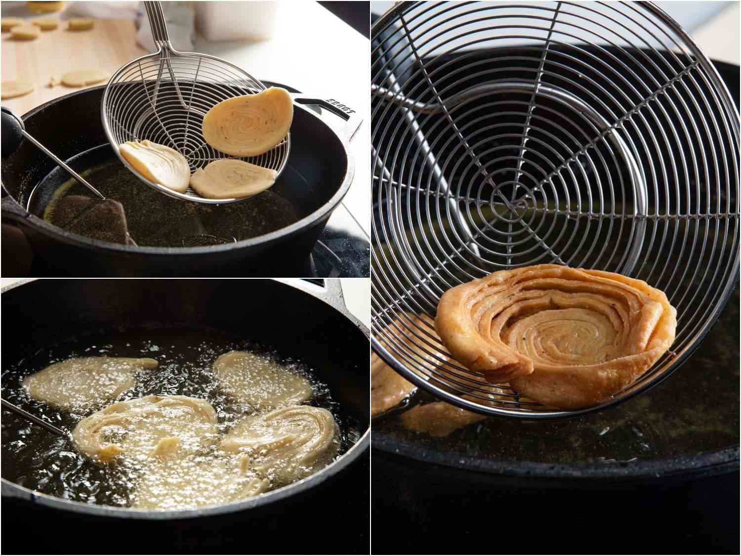 Collage showing rolled chiroti dough being deep-fried until golden.