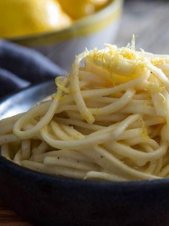 Side view of bowl of pasta