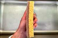 A side view of a textured dishwashing sponge from Public Goods