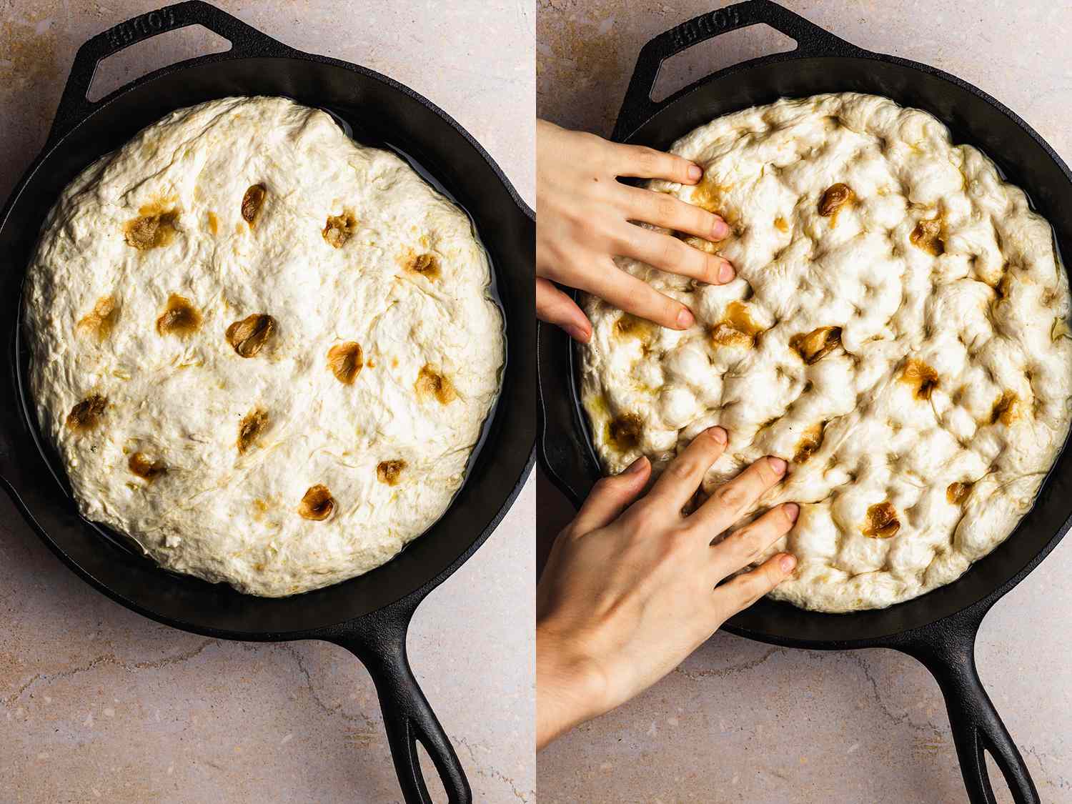 A 2-image collage: risen no-knead focaccia dough in cast iron skillet and fingers pressing down dough in cast iron skillet. 
