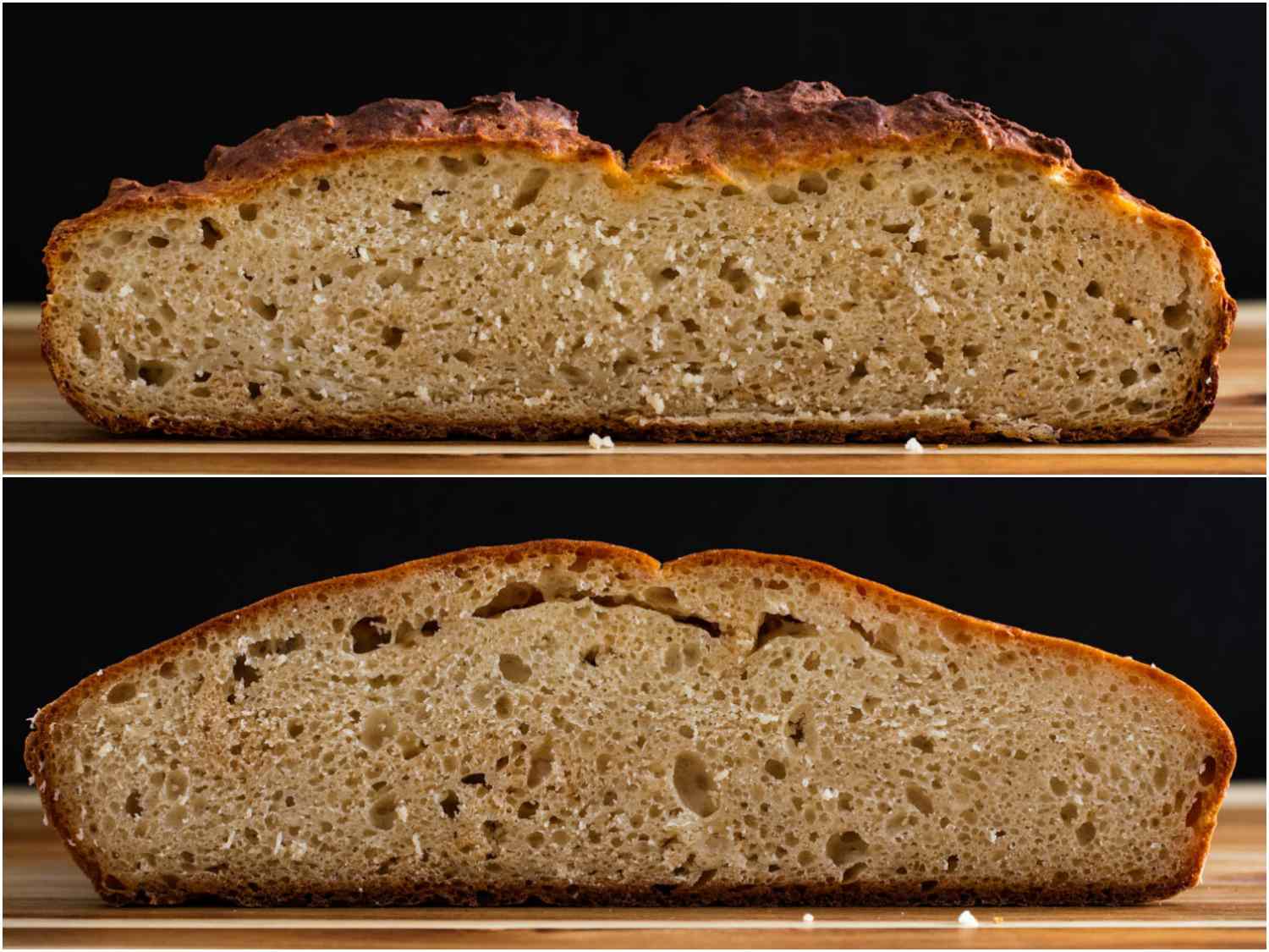 Cross-section comparison of crustier Irish soda loaf on top and smooth crust on the bottom