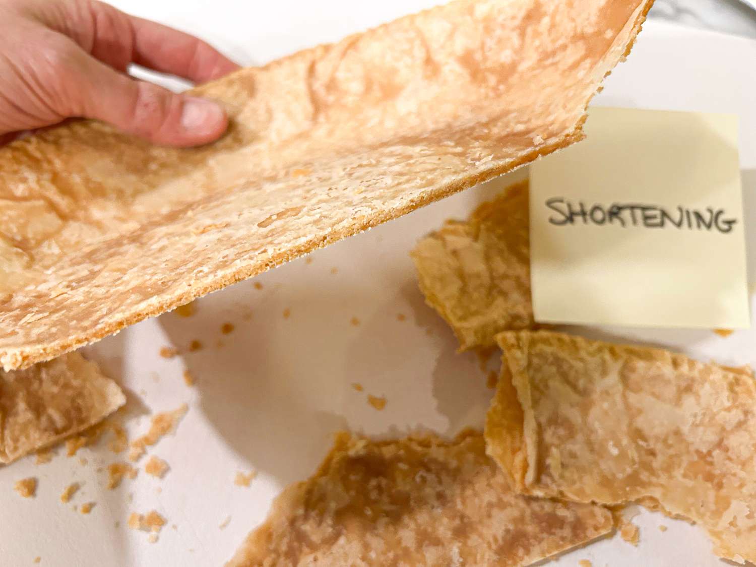 A hand holding a piece of cracked pie crust fragments of crust on surface a note labeled shortening in the background