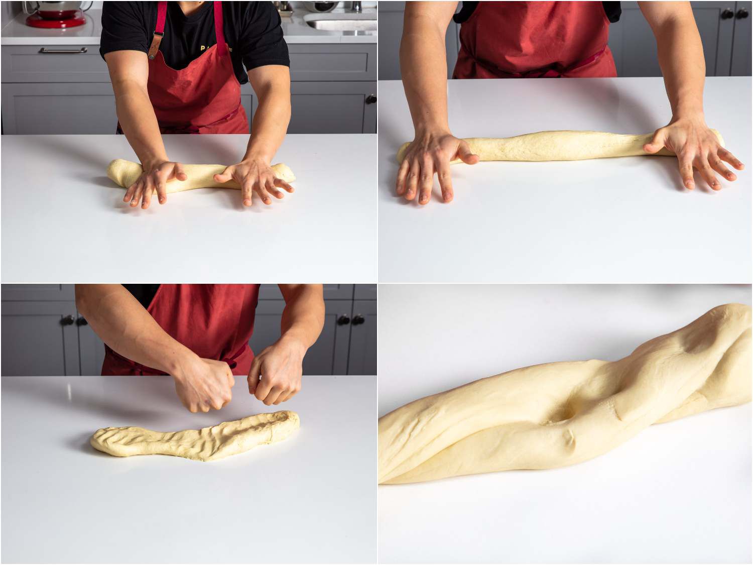A 4-image collage of kneading the dough for hand-pulled lamian noodles: rolling to stretch the dough, punching the dough and doubling back the dough after each stretch.