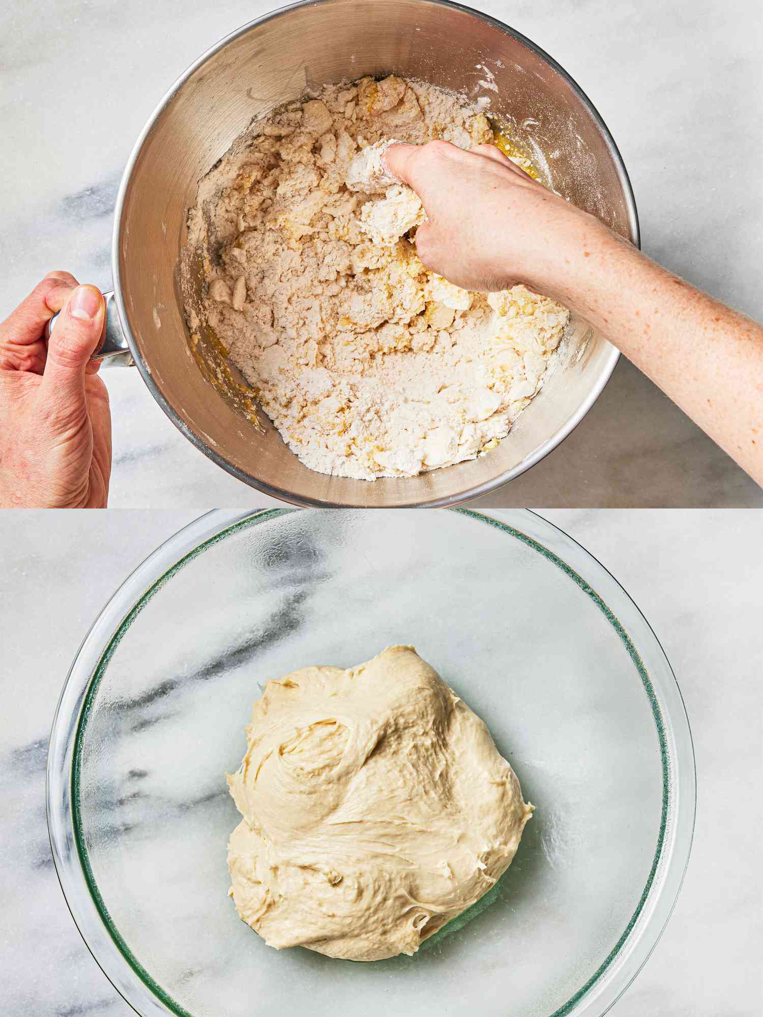 Overhead view of mixing dough and dough resting in a bowl