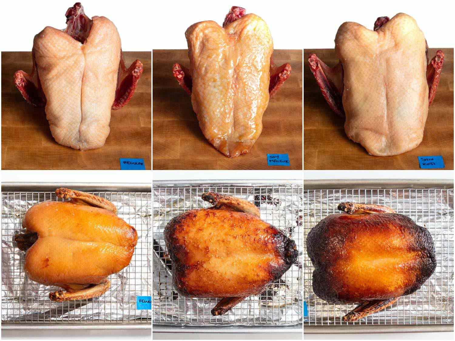 Photo collage comparing duck crowns before and after roasting. On the left: duck crown with no treatment. Middle: duck crown rubbed with soy-maltose mixture. Right: duck crown rubbed with shio koji.