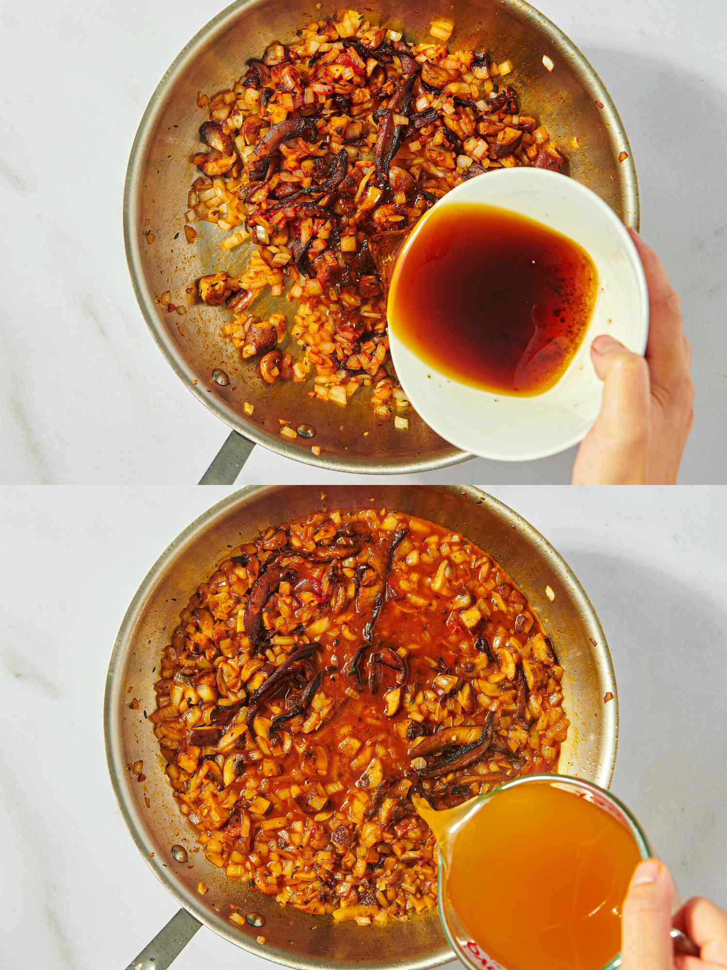 Two vertical images showing liquid being poured into a skillet with sautéed ingredients in sequence