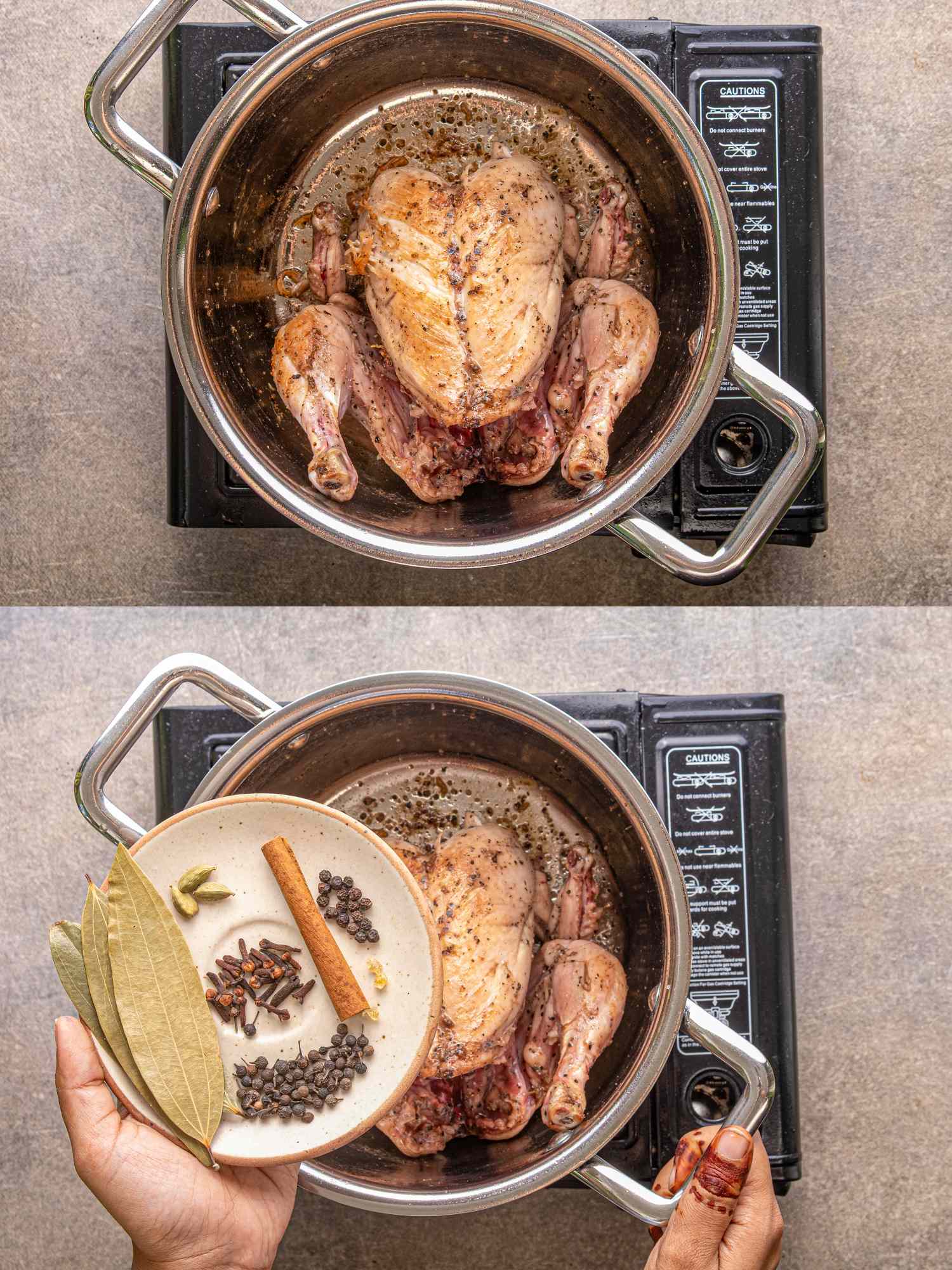 Preparation of Circassian Chicken where spices are added to a pot containing a whole chicken