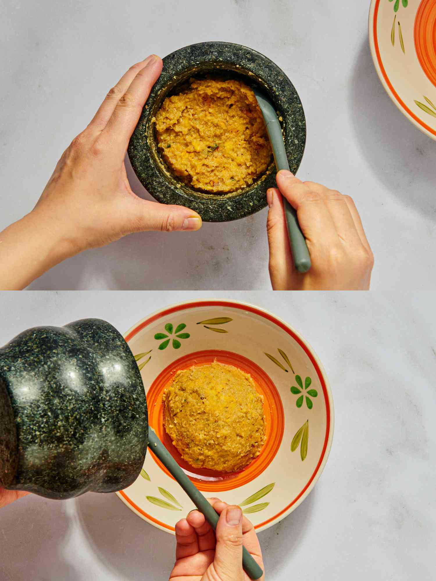 2 image collage. Top: loosening the mound of mofongo along the edges of the pilón with a spatula. Bottom:inverting mofongo onto a bone colored dish with flowers 