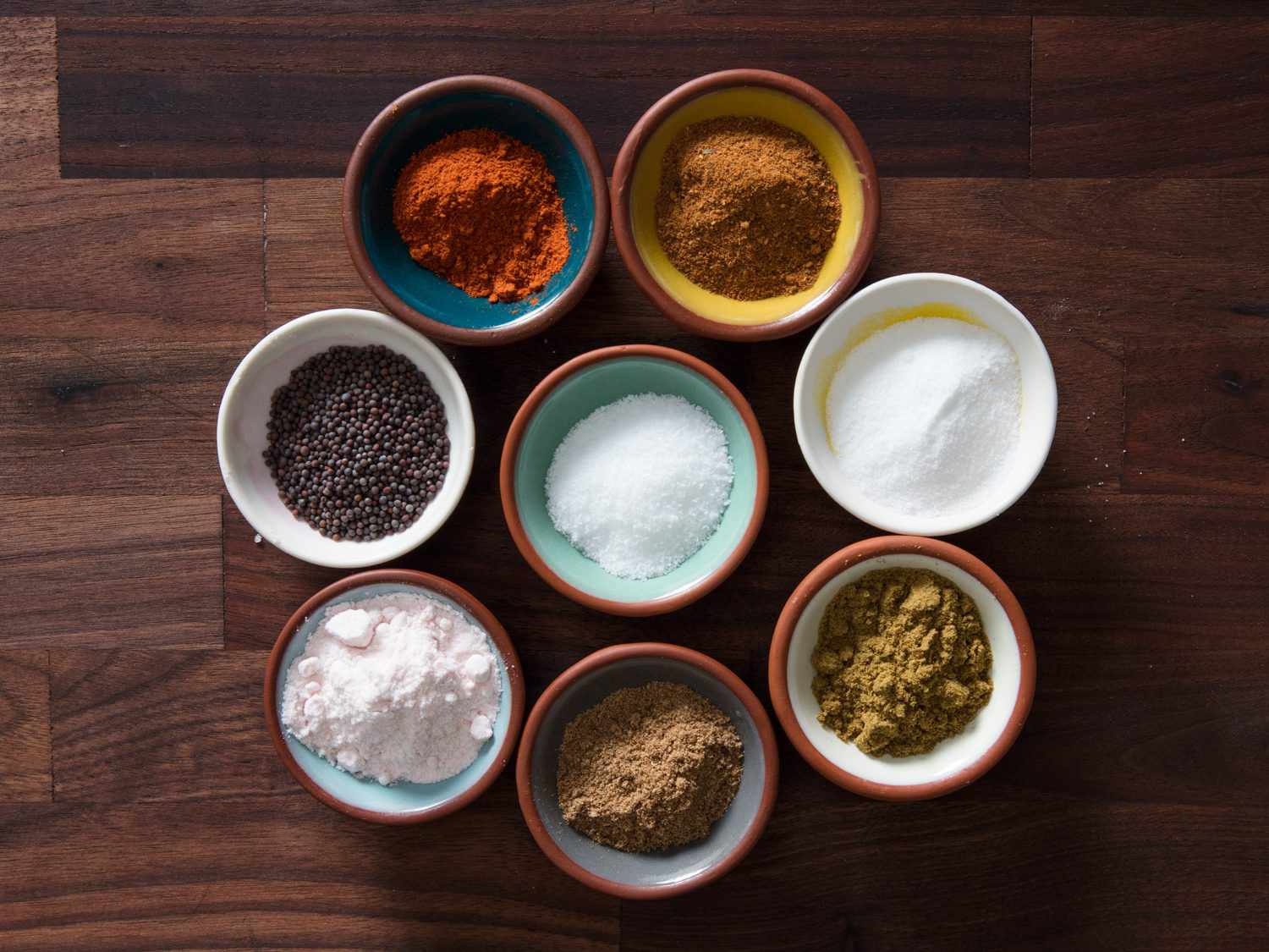 salt, sugar, kala namak, chili powder, cumin, coriander, and chaat masala
