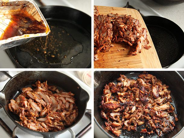 A collage of adding fat from cooked al pastor meat to pan, sliding sliced meat into pan, cooking it, and the sliced meat after crisping in fat