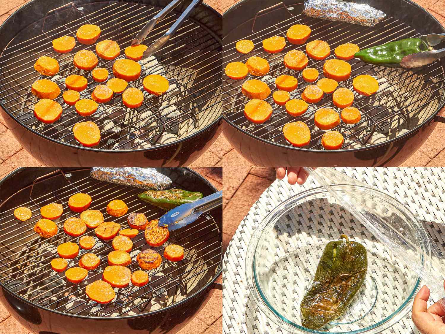 Grilling sweet potato slices and pepper transferring roasted pepper to a bowl