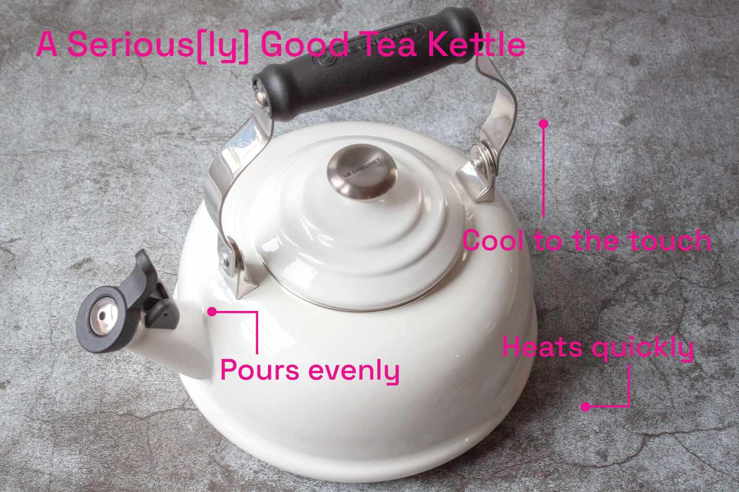 A white Le Creuset kettle on a gray background