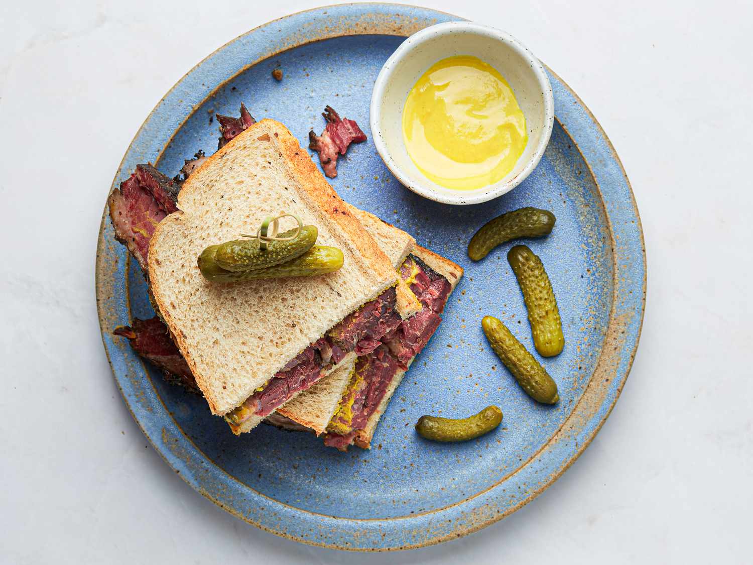 Overhead view of Montreal smoked meat sandwich