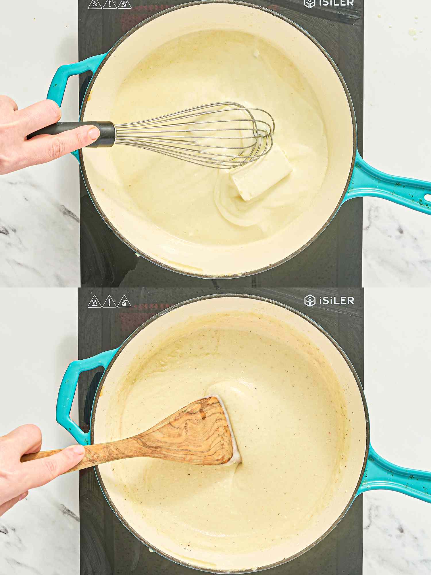 Two images showing a pan of a sauce being stirred with a whisk followed by a wooden spatula