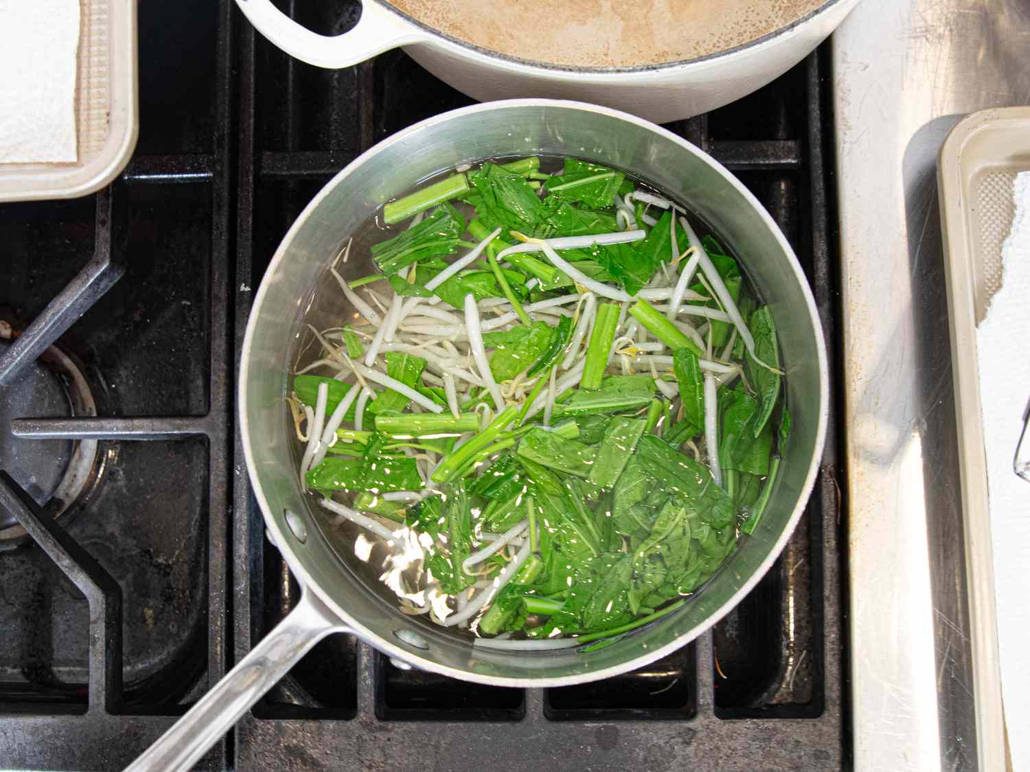 Overhead view of cooking bean sprouts