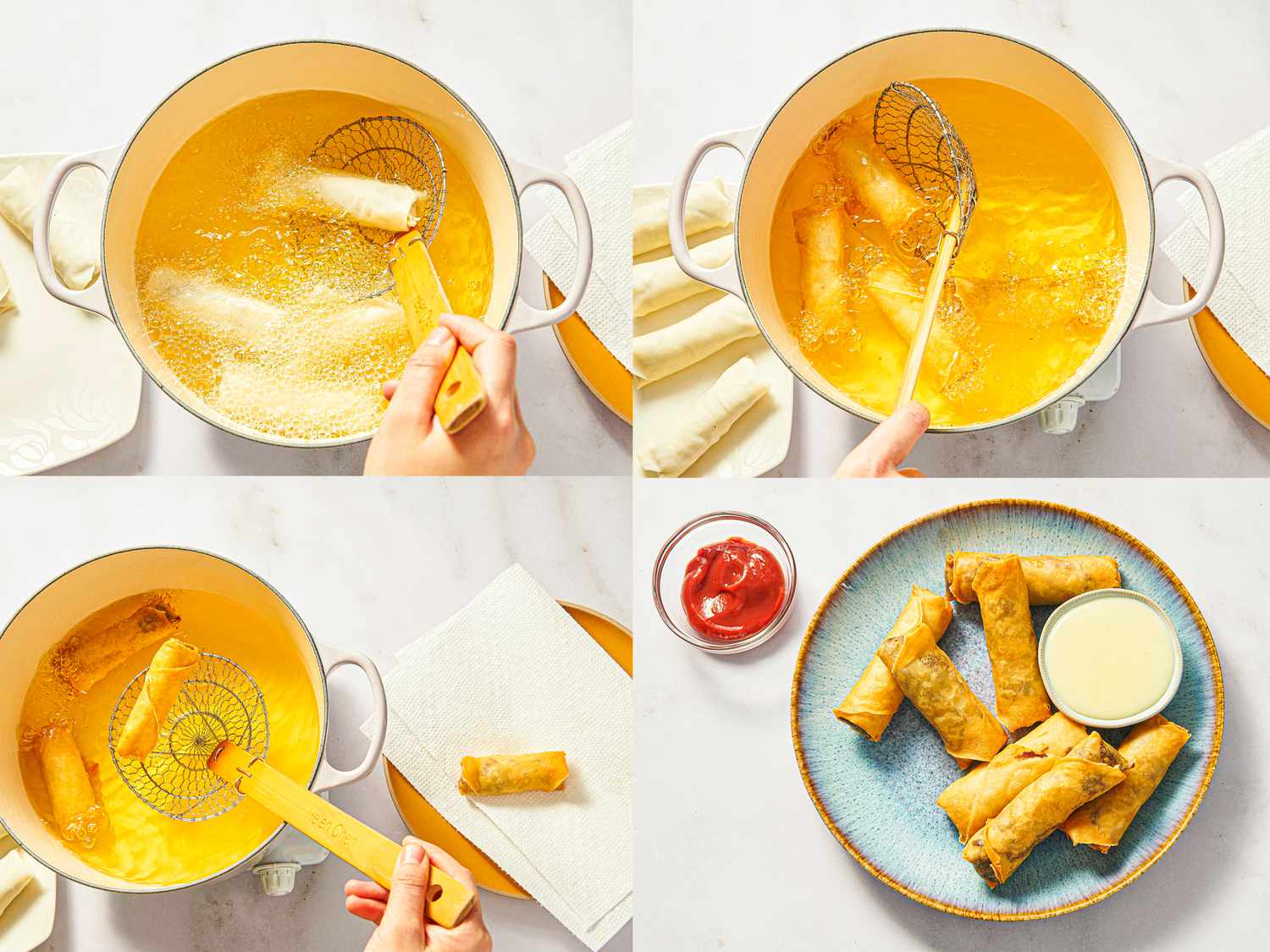 Four image collage of frying cheesesteak eggrolls 