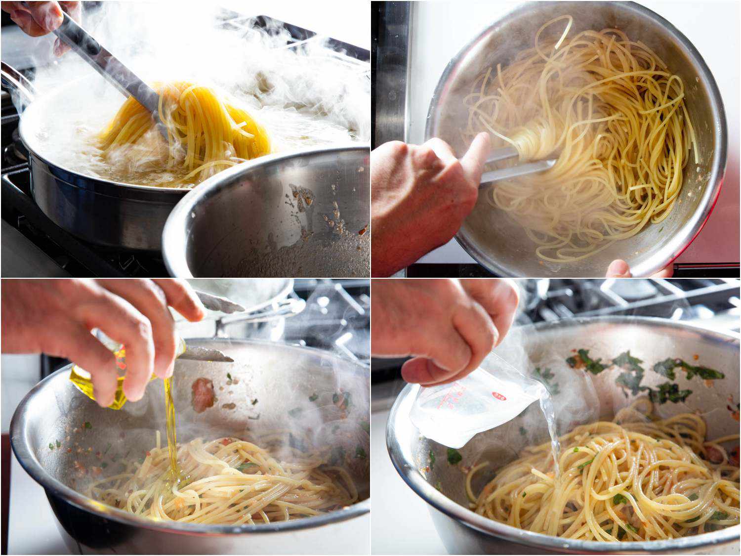 A collage of 4 images: transferring pasta to saucepan, adding olive oil and pasta cooking water to adjust the sauce consistency.