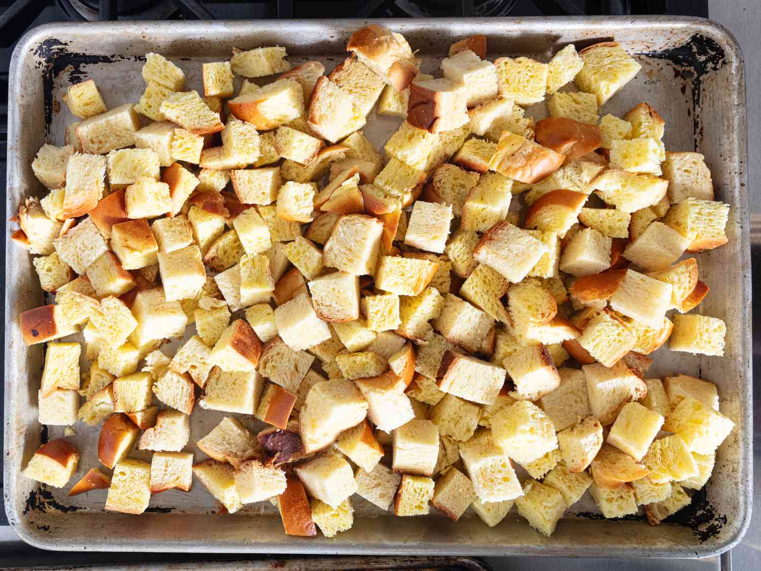 sheetpan of cubed bread 