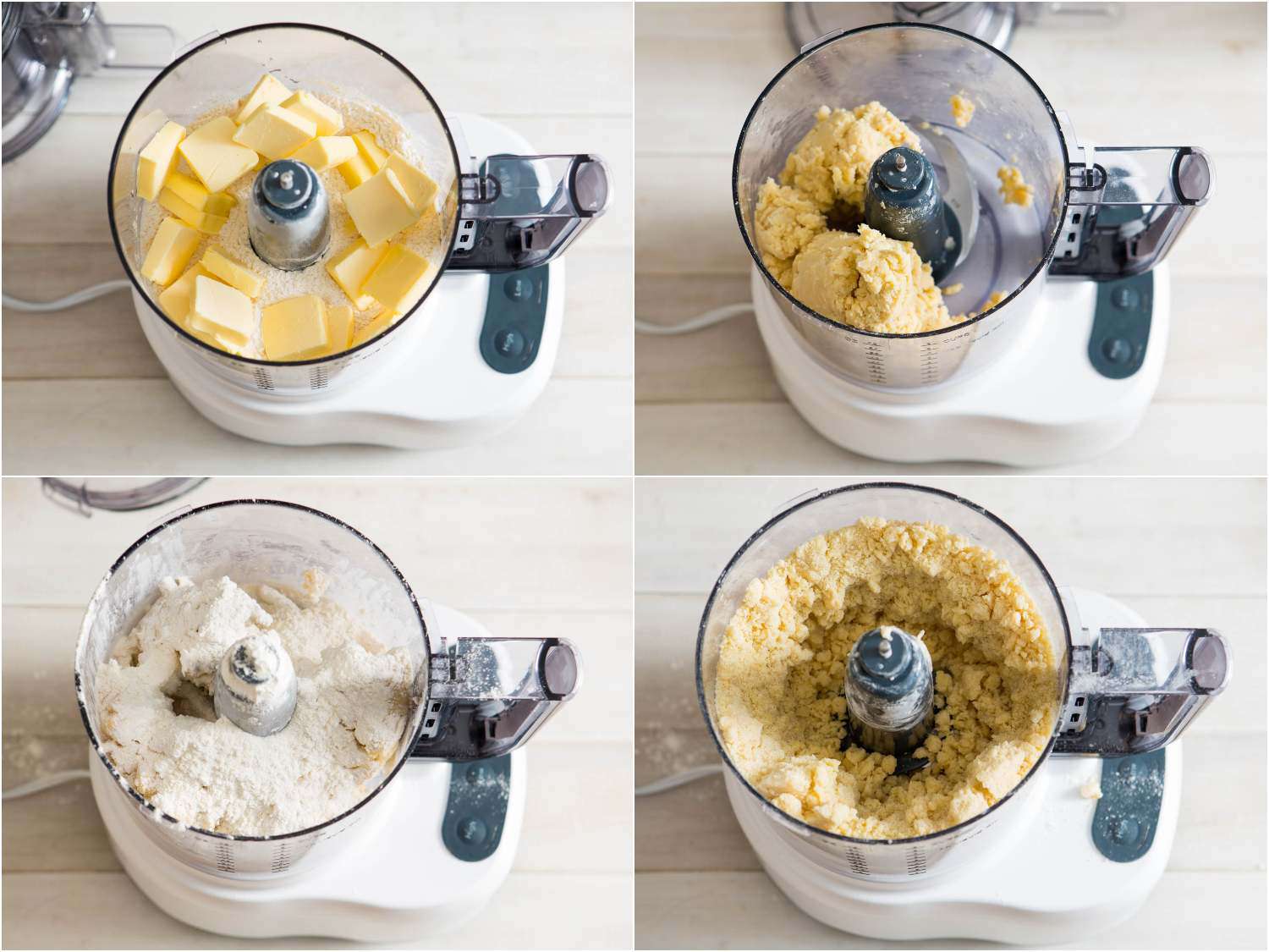 Photo collage showing pulsing butter into flour, and then additional flour into the dough to make easy, all-butter pie dough.