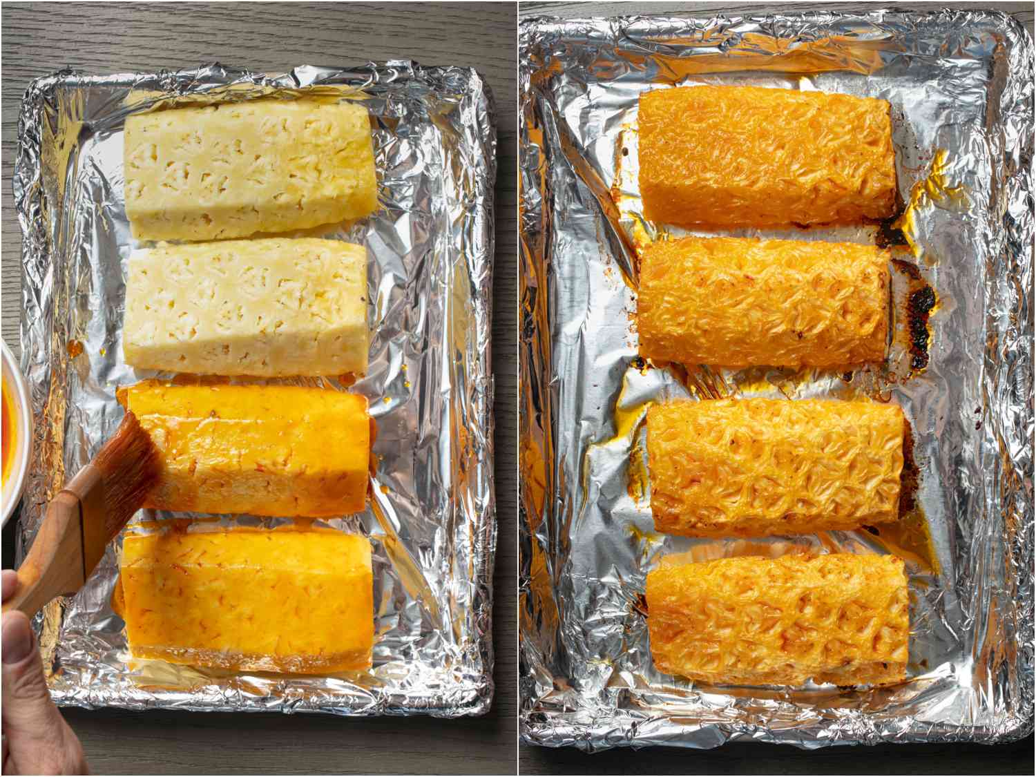 Collage of large fresh pineapple pieces on foil-lined baking sheet, brushed with al pastor fat drippings and roasted pineapple