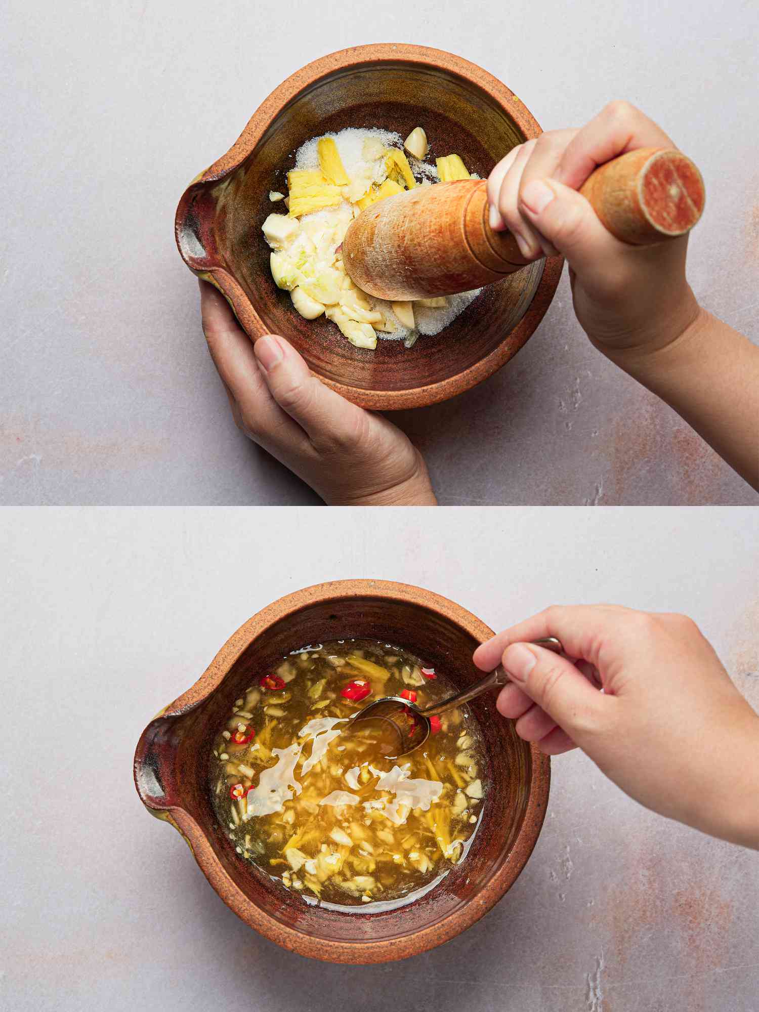 Two image collage of smashing ginger and salt and adding remaining dip ingredients
