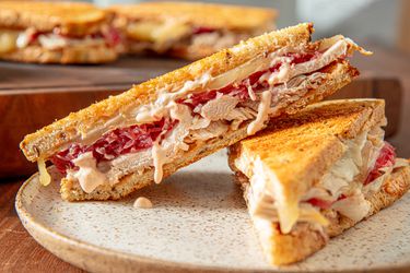 Side view of a leftover turkey sandwich