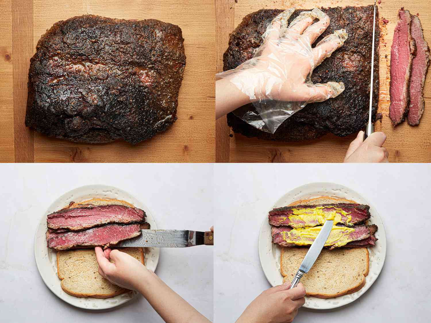Four image collage of slicing Montrael Smoked Meat